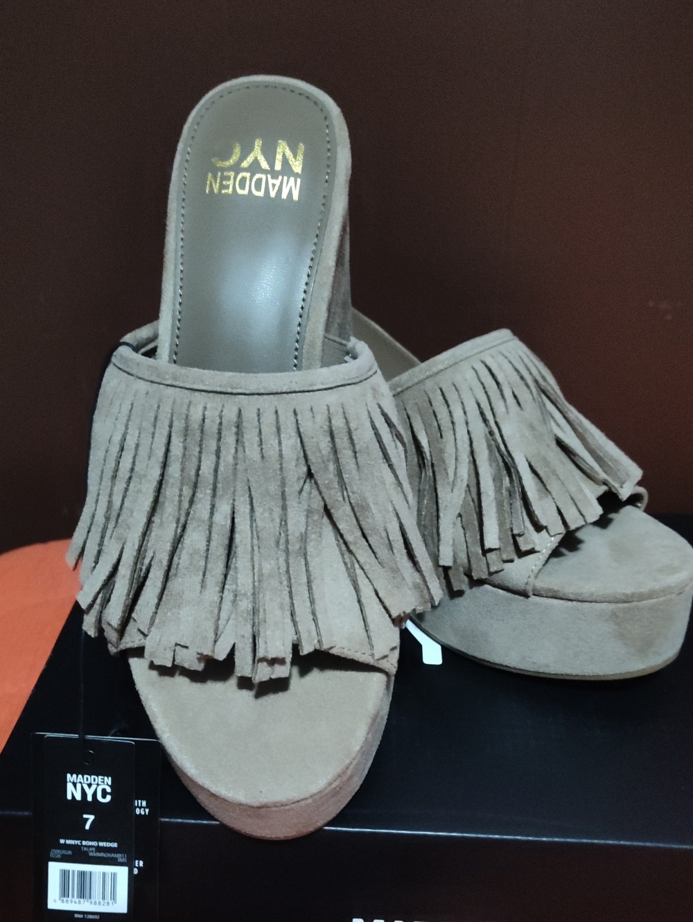 Madden NYC Taupe Fringe Suede Platform Mule